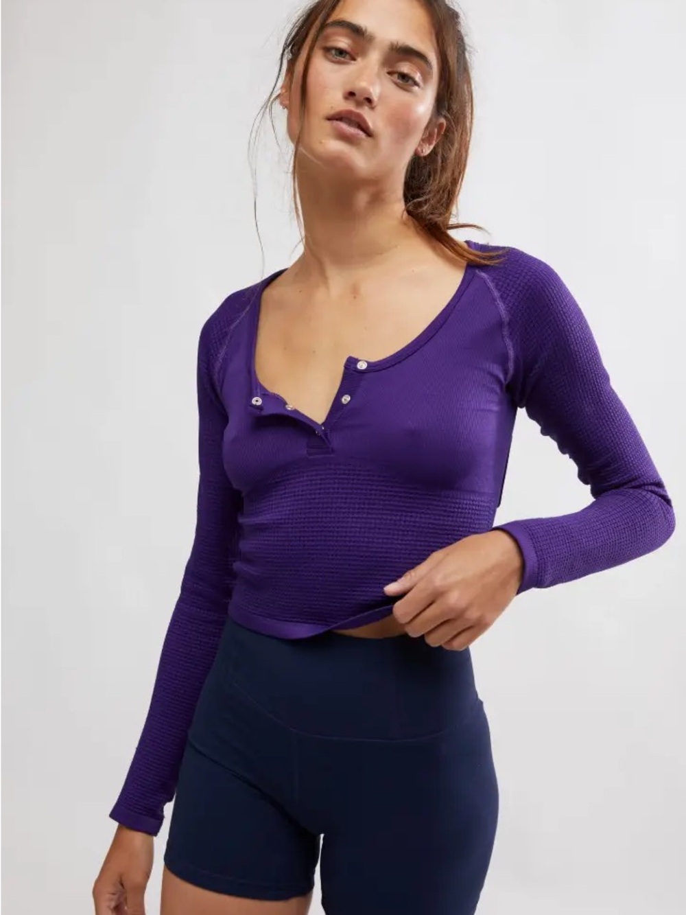 FP Movement by Free People Purple Long-Sleeve Henley Crop Top